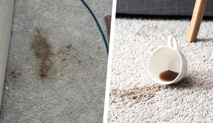 Collage of bleach mark and a drink spill on carpet