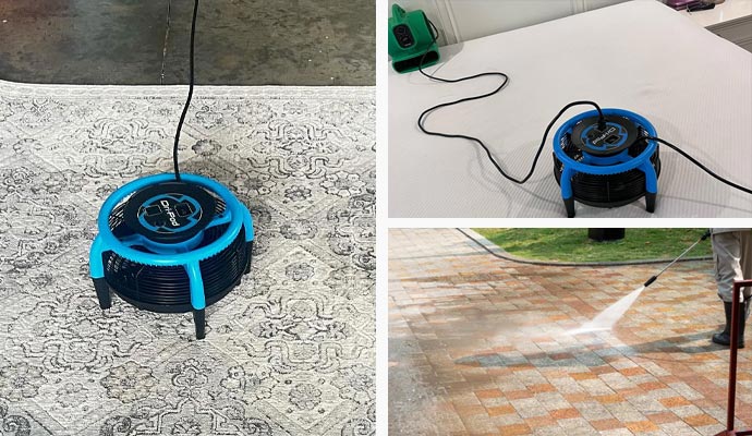 Collage of rug, mattress and concrete cleaning