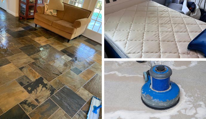 Collage of stone concrete floor cleaning and mattress cleaning